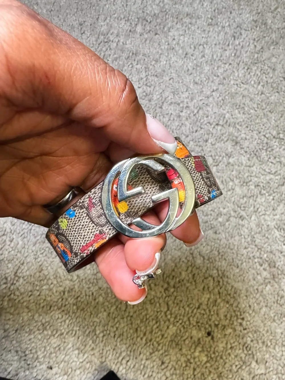 Authentic Gucci Mushroom Print Kids Belt with Silver Double G Buckle